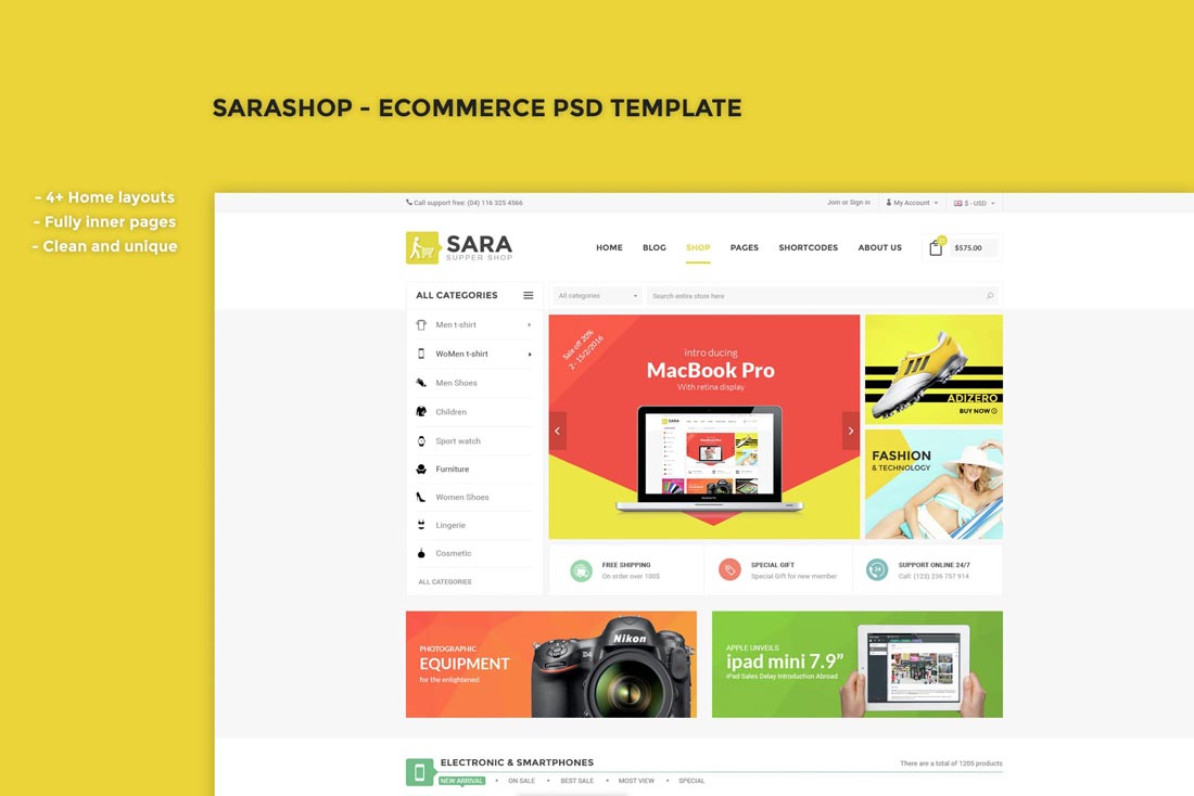 دانلود قالب فروشگاهی SaraShop - قالب PSD و آماده سایت فروشگاهی