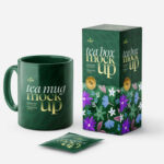 دانلود موکاپ لایه باز Tea Box and Tea Bag Mockup with Mug