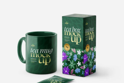 دانلود موکاپ لایه باز Tea Box and Tea Bag Mockup with Mug